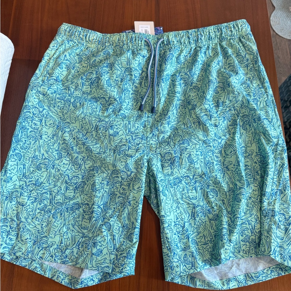 Peter Millar Green and Blue Patterned Swim Trunks